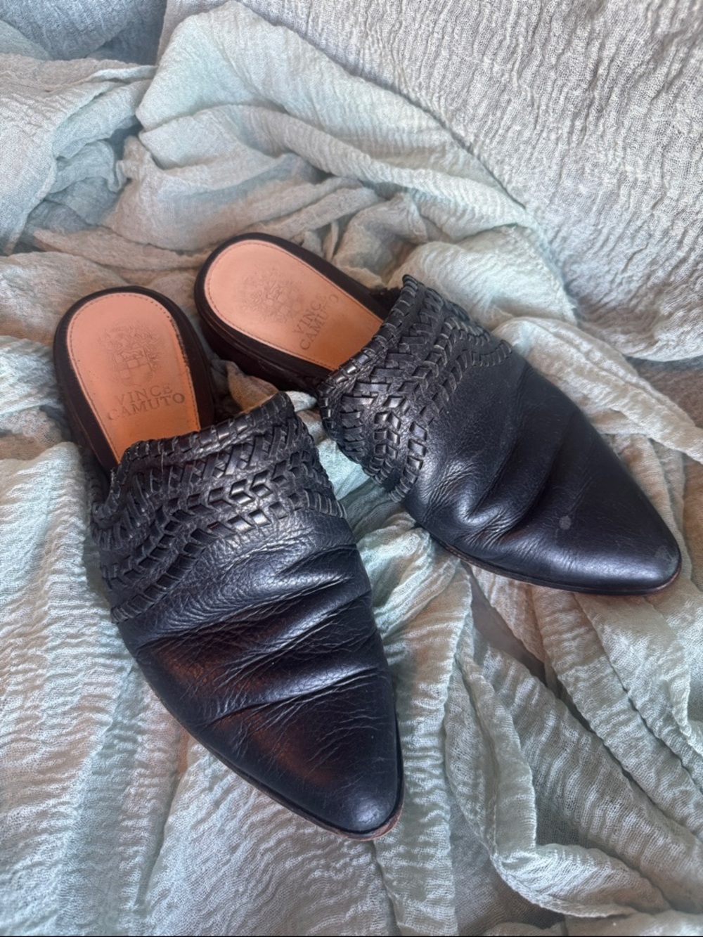 Vince Camuto Black Woven Leather Pointed Slip-On Mules